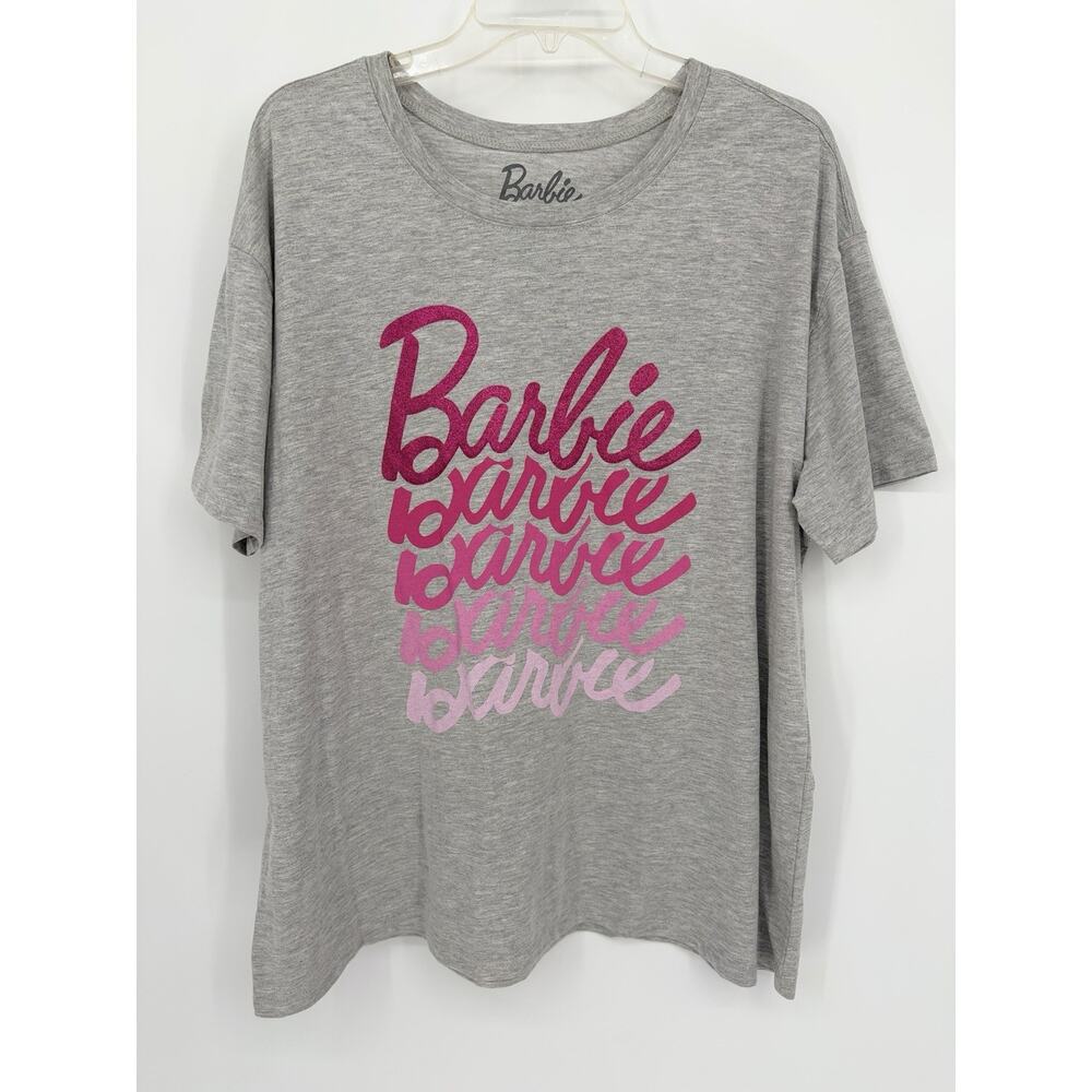 NWOT Barbie Graphic Tee Womens Gray Pink Ombre Logo T Shirt Casual XXL